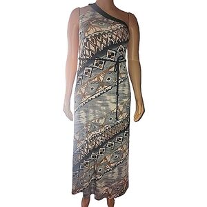 Vintage Aztek Patterned One Shoulder Maxi Dress L